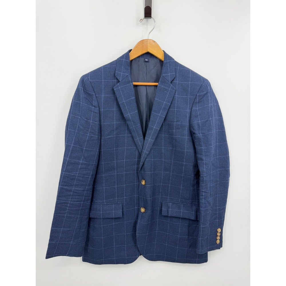 J.Crew Thompson Blazer Mens 38R Navy Blue plaid Linen Cotton Sport Coat H5117